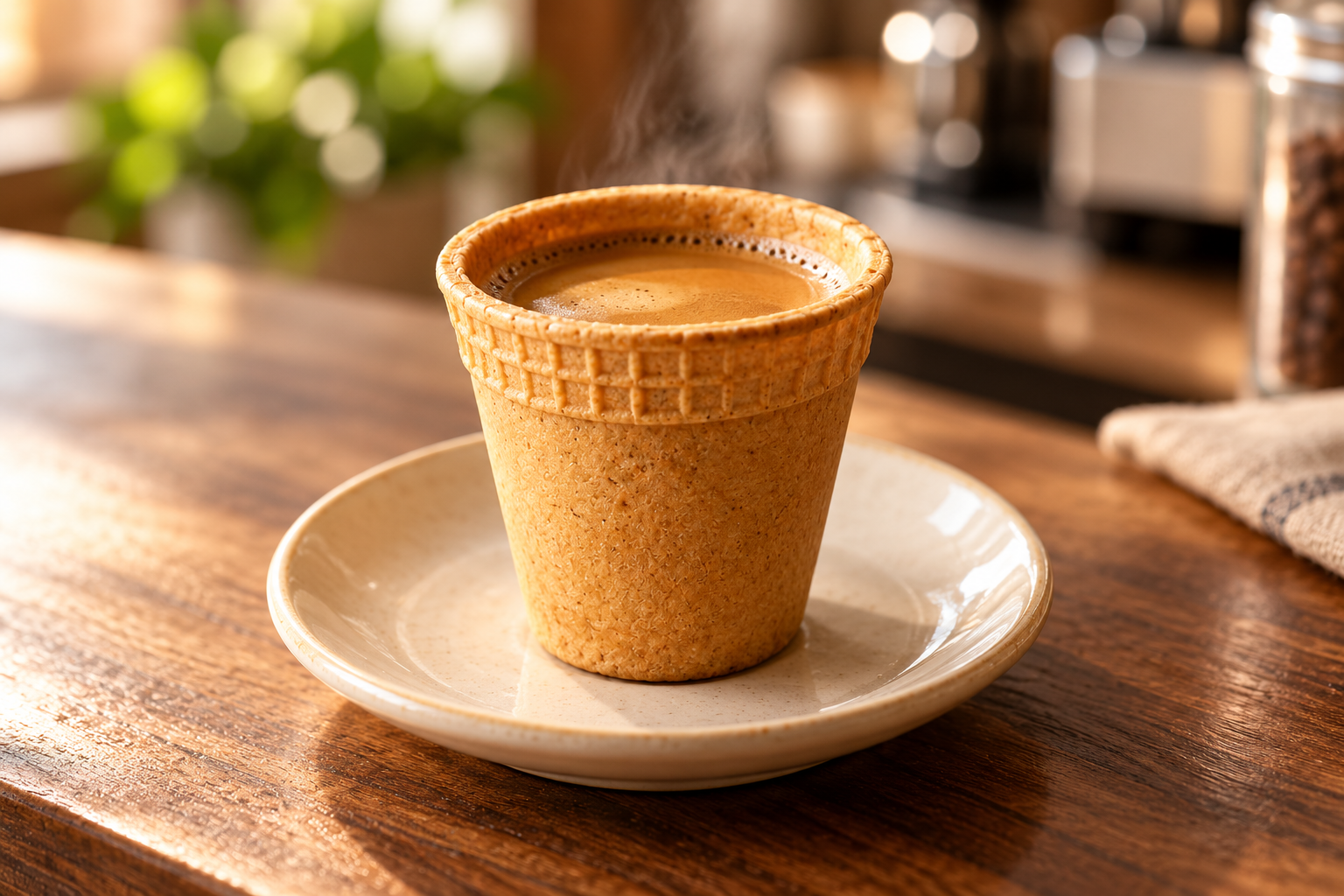 Leaf & Loaf's waffle-patterned edible cup filled with espresso