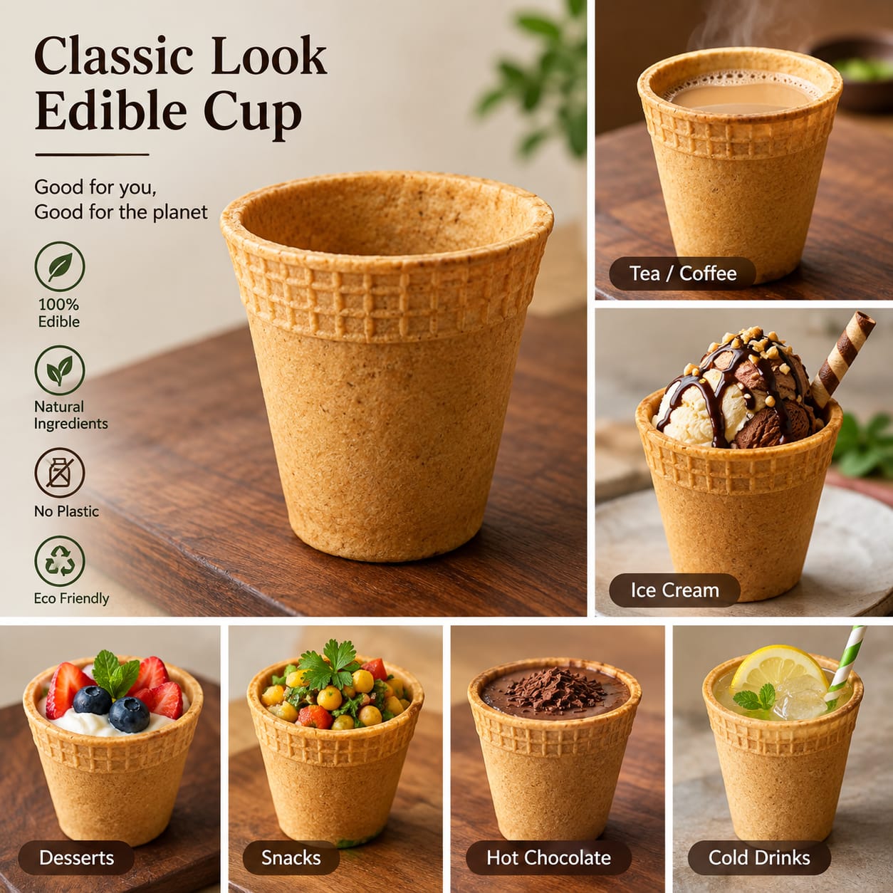 Leaf & Loaf's waffle cup shown with coffee, ice cream, desserts and cold drinks